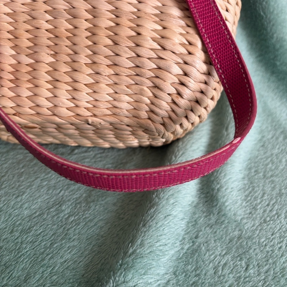 Vintage Vegetable Fiber Woven Basket Purse Top Handle Bag Pink Tan mirror - Picture 11 of 14